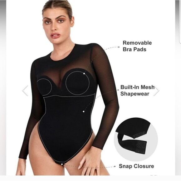 New Popilush Sheer Mesh Shapewear Long Sleeve Thong Bodysuit in Black - Picture 2 of 14